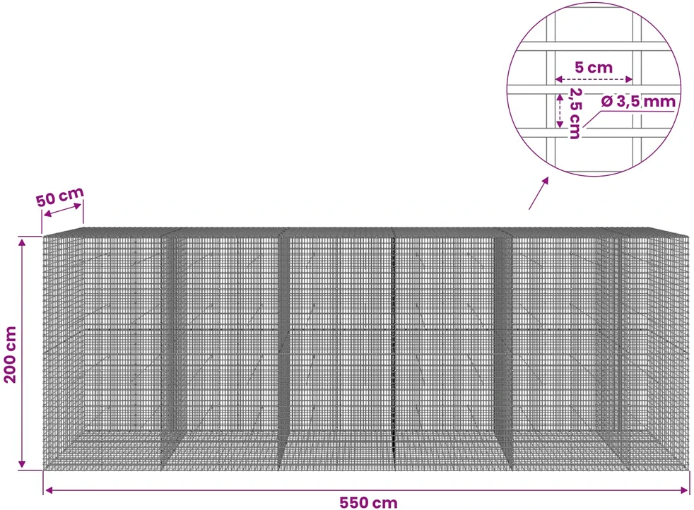 Gabionas su 3,5 mm viela ir 5x2,5 cm tinkleliu 550x50x200 cm