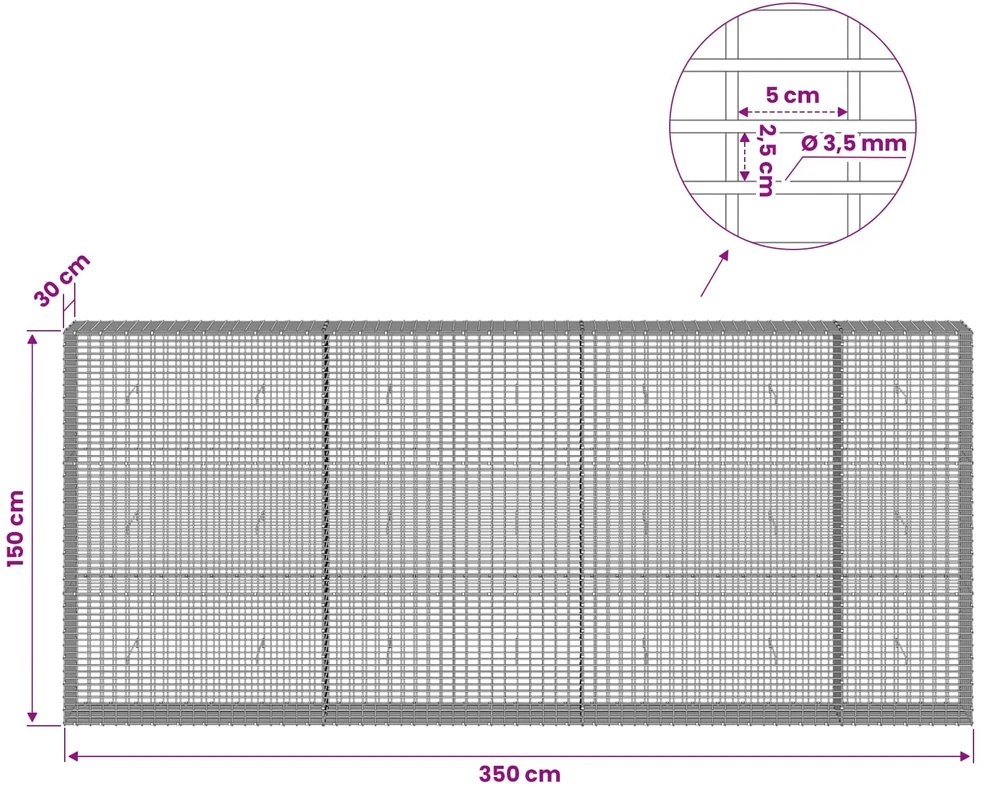 Gabionas su 3,5 mm viela ir 5x2,5 cm tinkleliu 350x30x150 cm