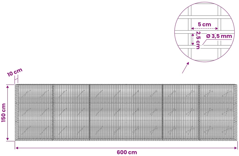 Gabionas su 3,5 mm viela ir 5x2,5 cm tinkleliu 600x10x150 cm