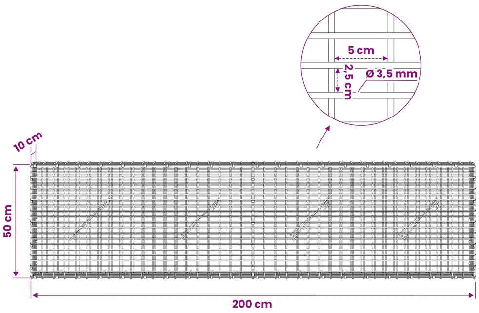 Gabionas su 3,5 mm viela ir 5x2,5 cm tinkleliu 200x10x50 cm