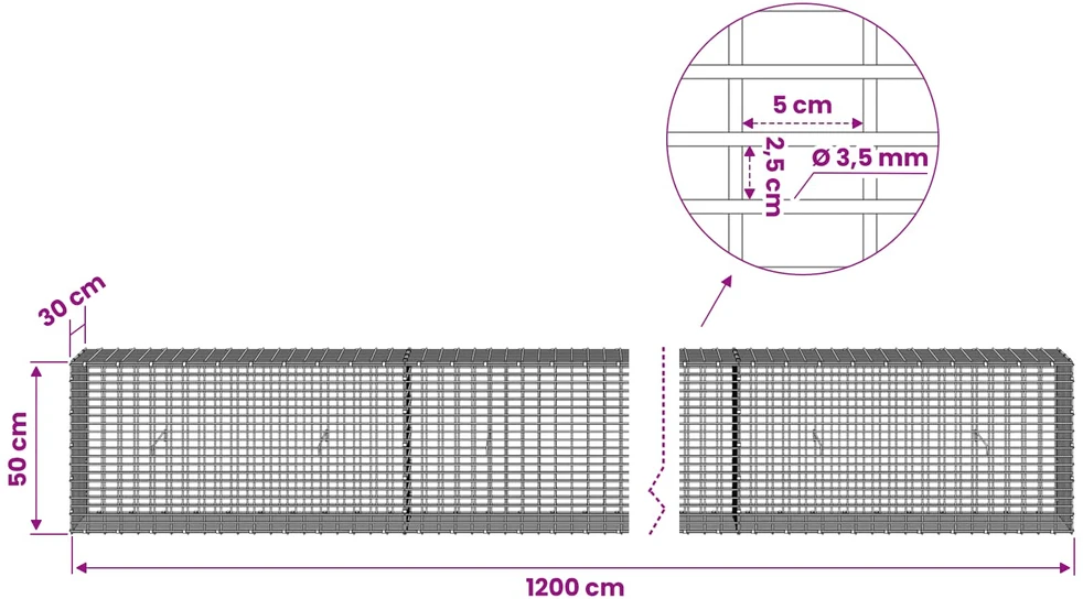 Gabionas su 3,5 mm viela ir 5x2,5 cm tinkleliu 1200x30x50 cm