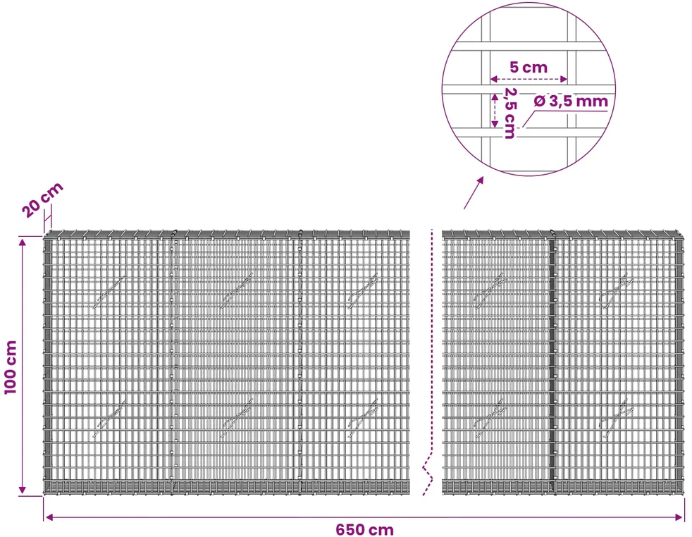 Gabionas su 3,5 mm viela ir 5x2,5 cm tinkleliu 650x20x100 cm