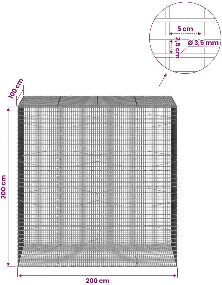 Gabionas su 3,5 mm viela ir 5x2,5 cm tinkleliu 200x100x200 cm