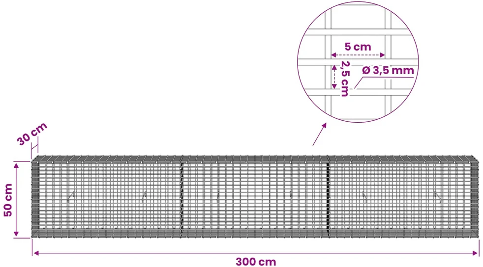 Gabionas su 3,5 mm viela ir 5x2,5 cm tinkleliu 300x30x50 cm
