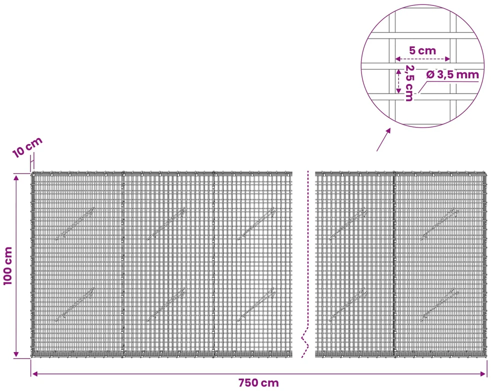 Gabionas su 3,5 mm viela ir 5x2,5 cm tinkleliu 750x10x100 cm