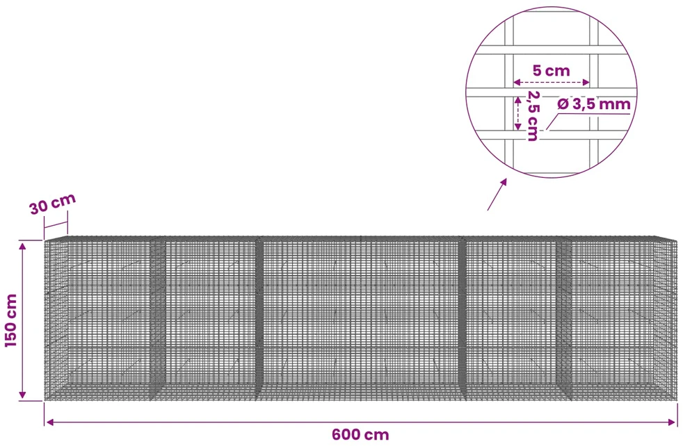 Gabionas su 3,5 mm viela ir 5x2,5 cm tinkleliu 600x30x150 cm