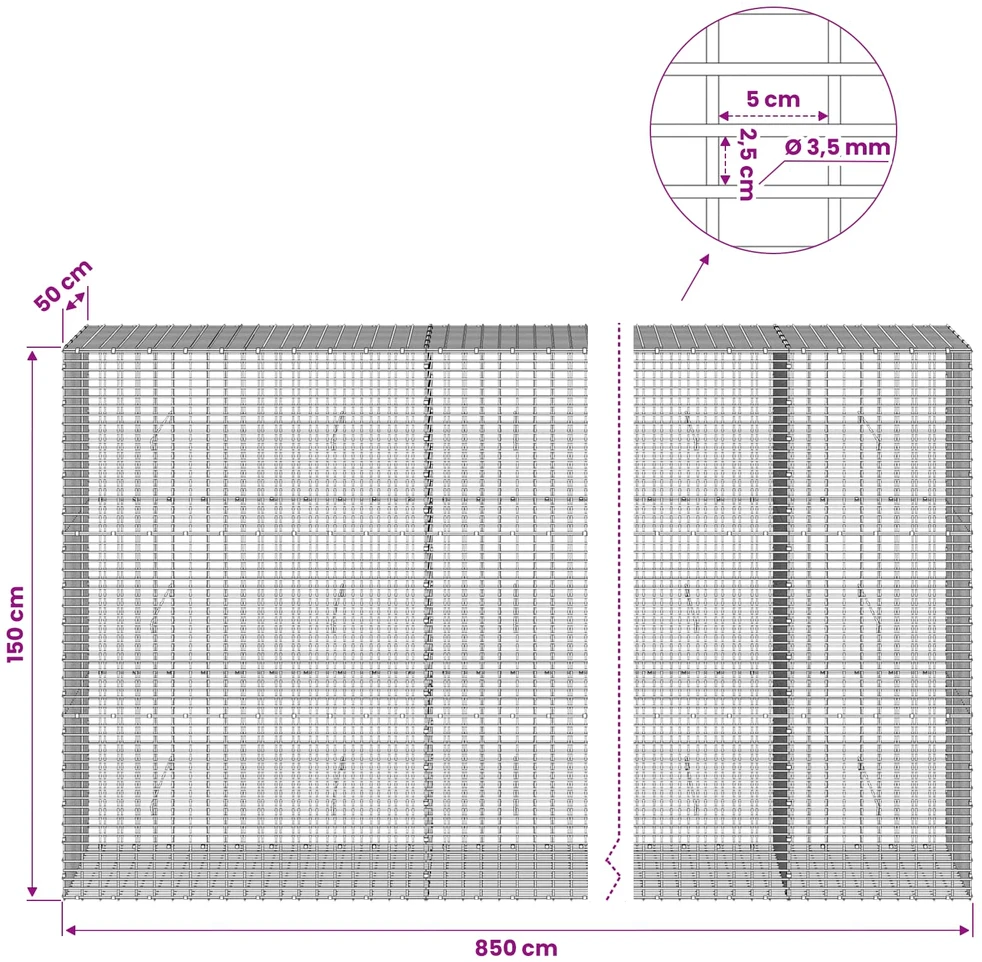 Gabionas su 3,5 mm viela ir 5x2,5 cm tinkleliu 850x50x150 cm