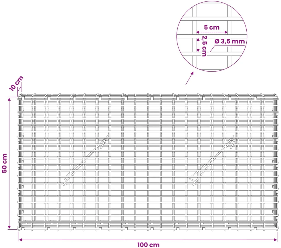 Gabionas su 3,5 mm viela ir 5x2,5 cm tinkleliu 100x10x50 cm