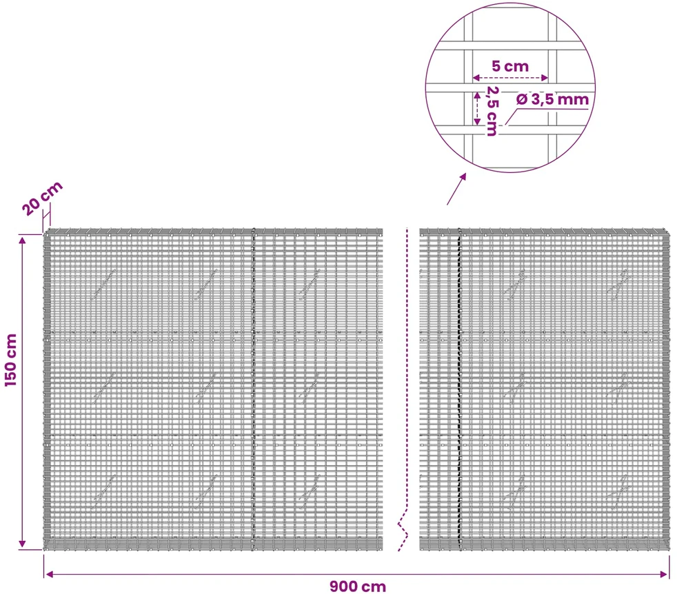 Gabionas su 3,5 mm viela ir 5x2,5 cm tinkleliu 900x20x150 cm