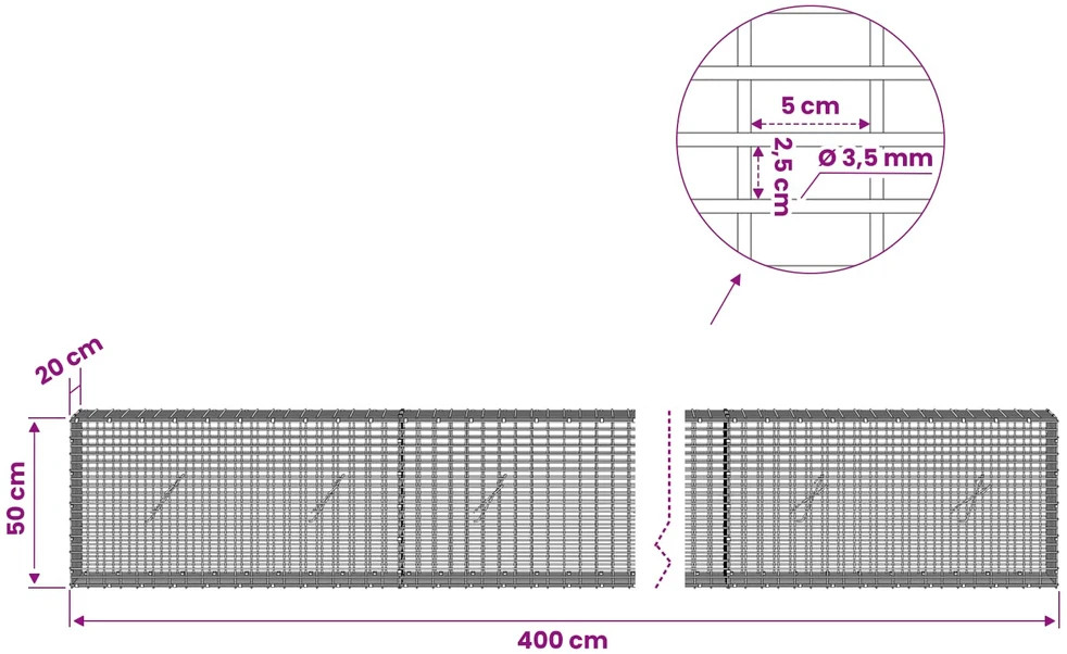 Gabionas su 3,5 mm viela ir 5x2,5 cm tinkleliu 400x20x50 cm