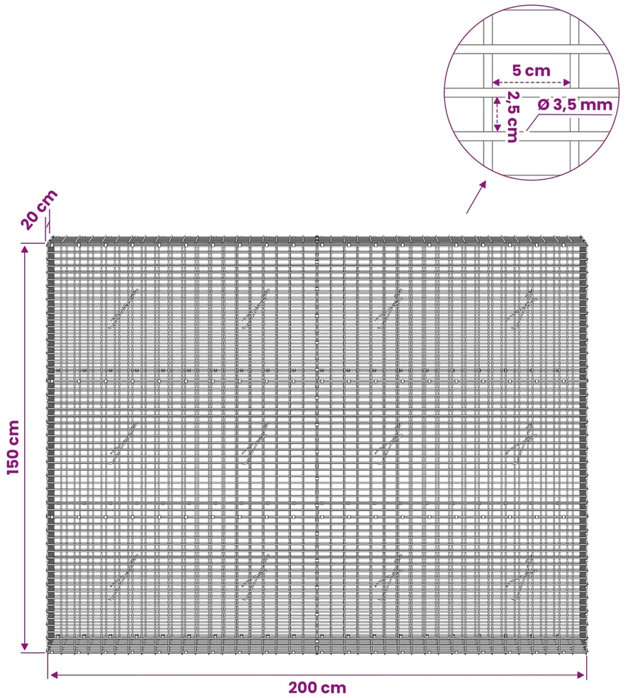 Gabionas su 3,5 mm viela ir 5x2,5 cm tinkleliu 200x20x150 cm