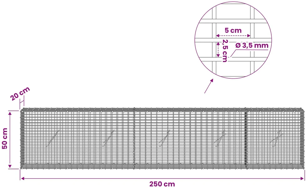 Gabionas su 3,5 mm viela ir 5x2,5 cm tinkleliu 250x20x50 cm