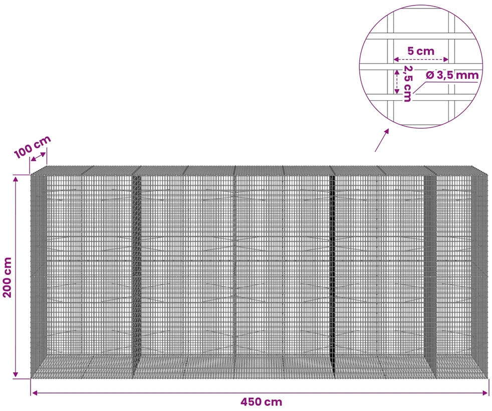 Gabionas su 3,5 mm viela ir 5x2,5 cm tinkleliu 450x100x200 cm