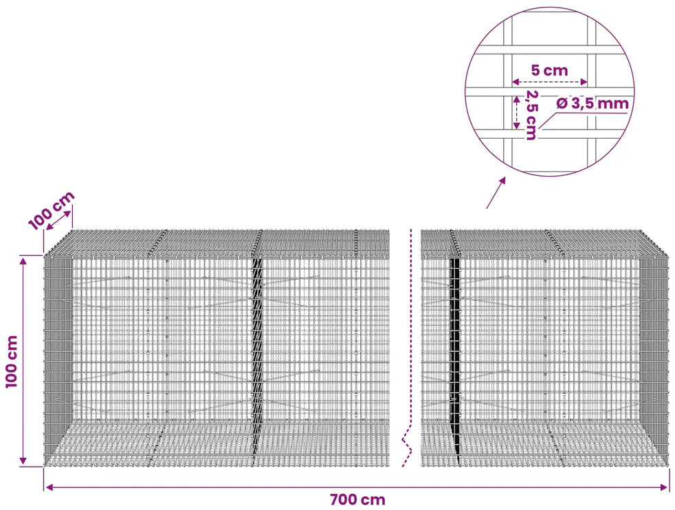 Gabionas su 3,5 mm viela ir 5x2,5 cm tinkleliu 700x100x100 cm