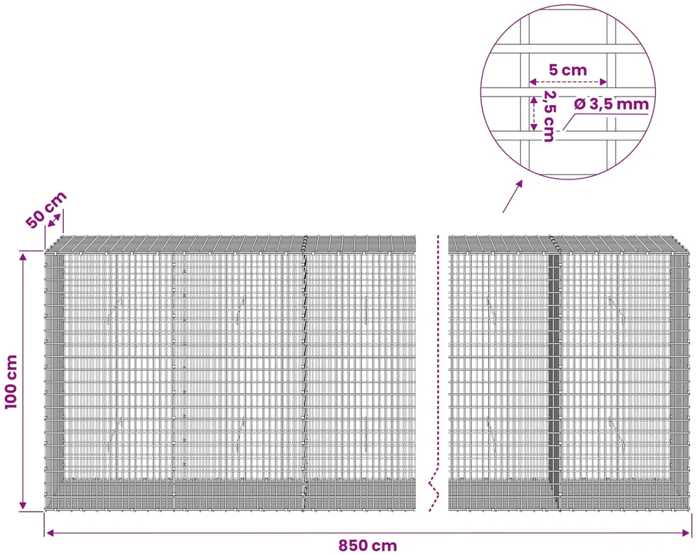Gabionas su 3,5 mm viela ir 5x2,5 cm tinkleliu 850x50x100 cm