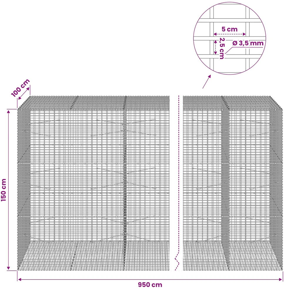 Gabionas su 3,5 mm viela ir 5x2,5 cm tinkleliu 950x100x150 cm