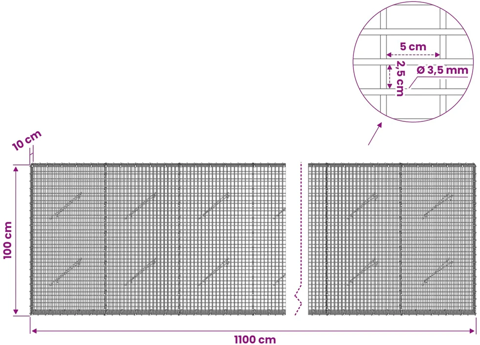 Gabionas su 3,5 mm viela ir 5x2,5 cm tinkleliu 1100x10x100 cm