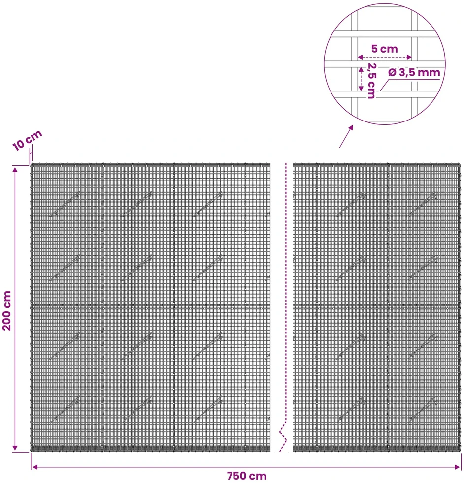 Gabionas su 3,5 mm viela ir 5x2,5 cm tinkleliu 750x10x200 cm