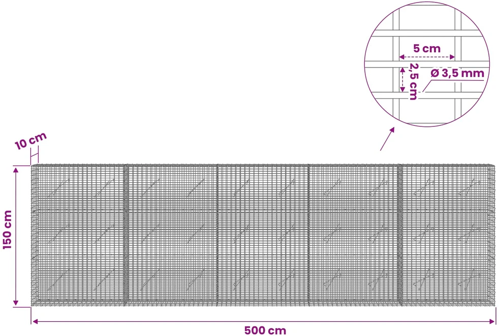Gabionas su 3,5 mm viela ir 5x2,5 cm tinkleliu 500x10x150 cm