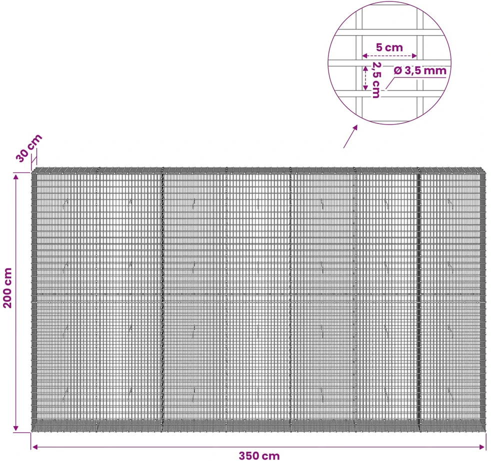 Gabionas su 3,5 mm viela ir 5x2,5 cm tinkleliu 350x30x200 cm