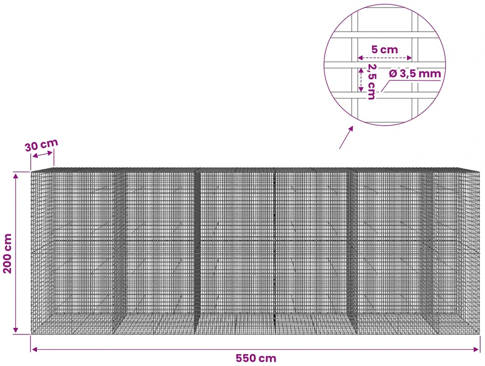 Gabionas su 3,5 mm viela ir 5x2,5 cm tinkleliu 550x30x200 cm