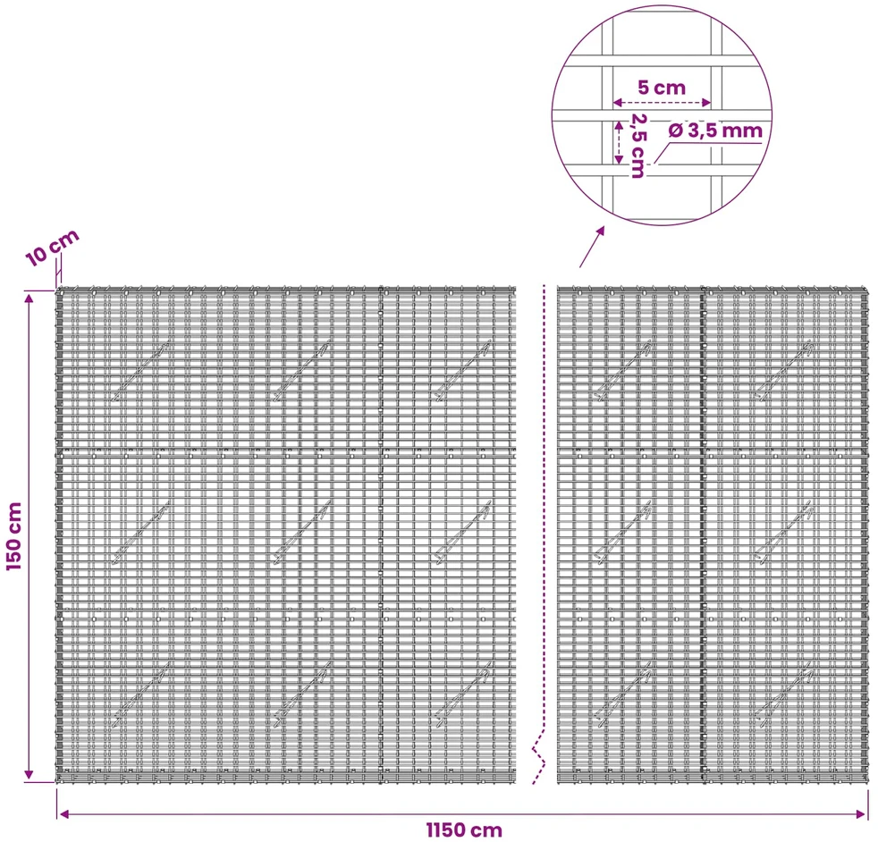 Gabionas su 3,5 mm viela ir 5x2,5 cm tinkleliu 1150x10x150 cm