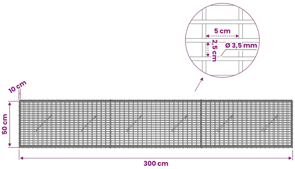 Gabionas su 3,5 mm viela ir 5x2,5 cm tinkleliu 300x10x50 cm