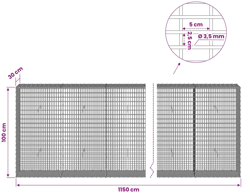 Gabionas su 3,5 mm viela ir 5x2,5 cm tinkleliu 1150x30x100 cm