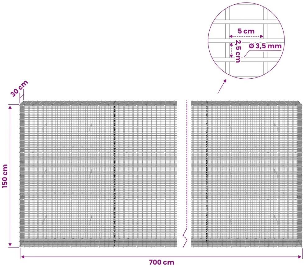 Gabionas su 3,5 mm viela ir 5x2,5 cm tinkleliu 700x30x150 cm