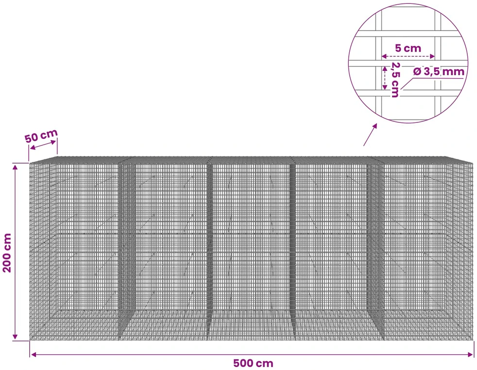 Gabionas su 3,5 mm viela ir 5x2,5 cm tinkleliu 500x50x200 cm