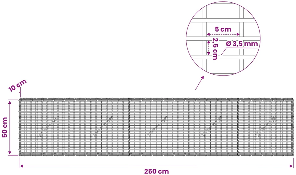 Gabionas su 3,5 mm viela ir 5x2,5 cm tinkleliu 250x10x50 cm