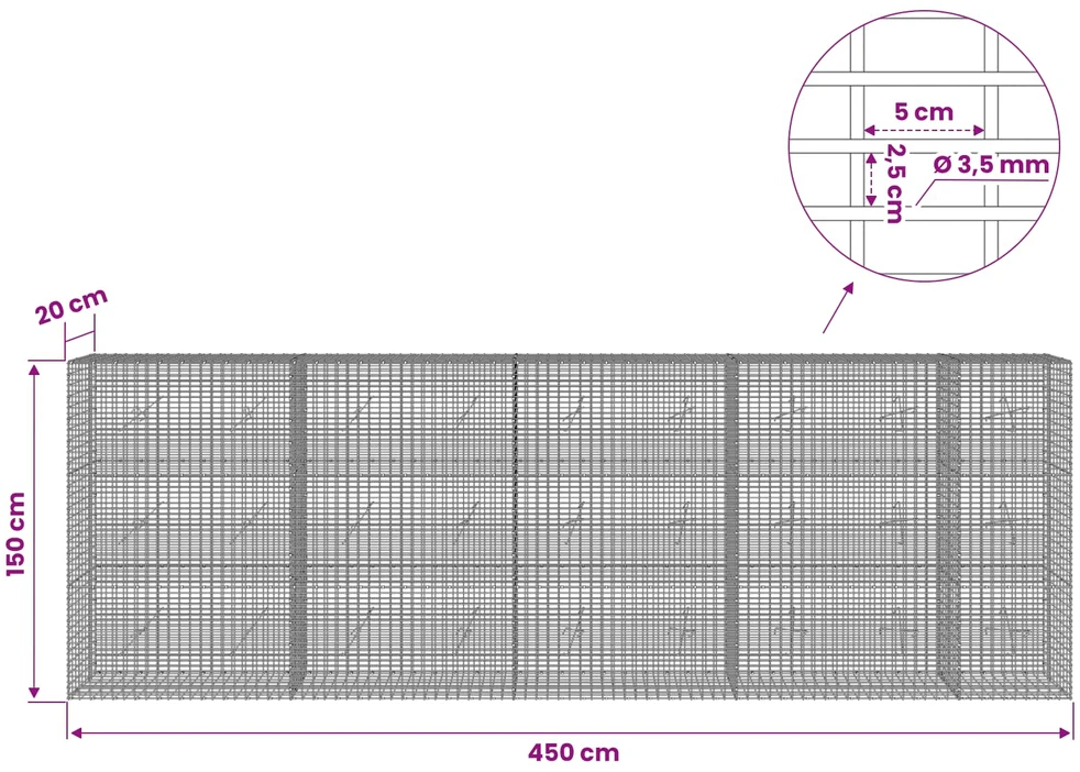 Gabionas su 3,5 mm viela ir 5x2,5 cm tinkleliu 450x20x150 cm