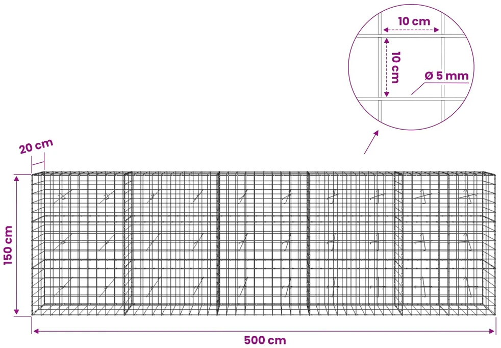 Gabionas su 5 mm viela ir 10x10 cm tinkleliu 500x20x150 cm