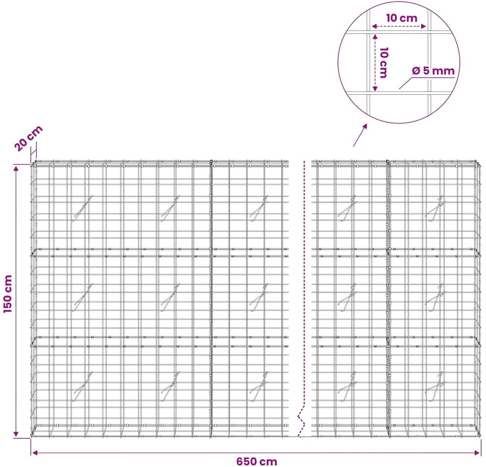 Gabionas su 5 mm viela ir 10x10 cm tinkleliu 650x20x150 cm