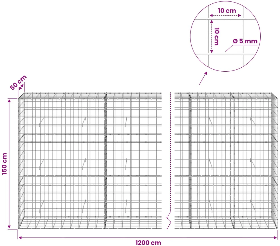 Gabionas su 5 mm viela ir 10x10 cm tinkleliu 1200x50x150 cm