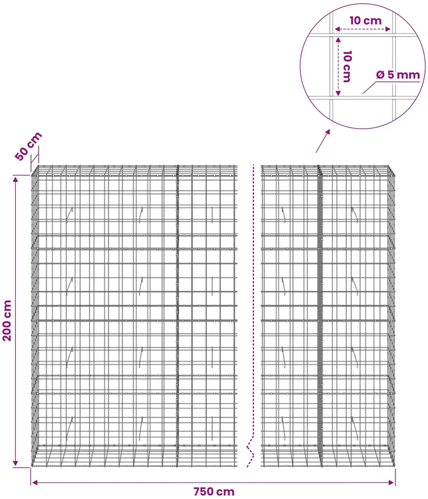 Gabionas su 5 mm viela ir 10x10 cm tinkleliu 750x50x200 cm