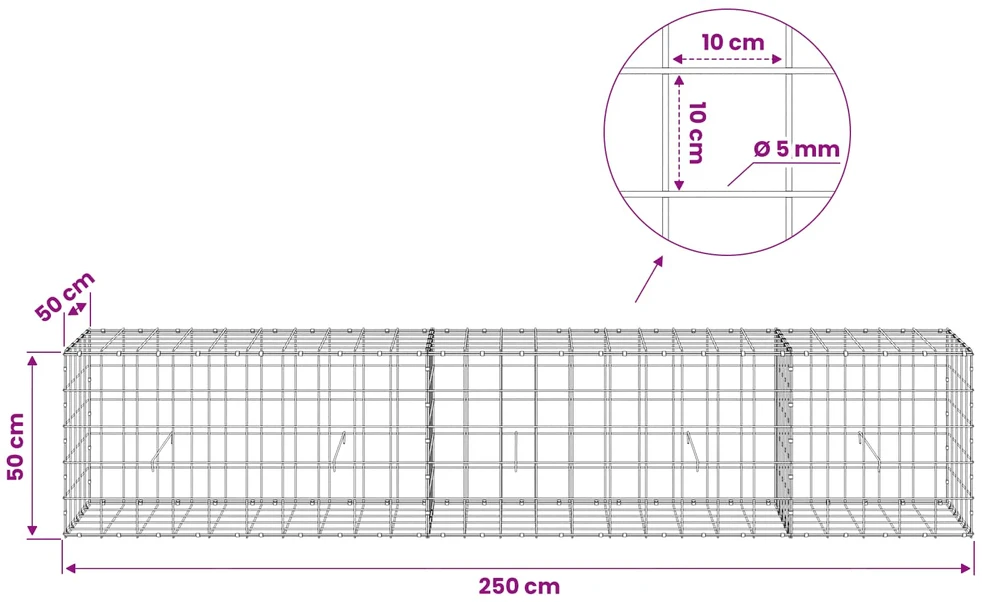 Gabionas su 5 mm viela ir 10x10 cm tinkleliu 250x50x50 cm