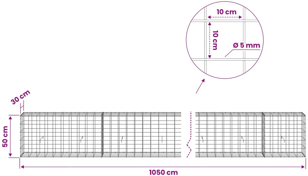 Gabionas su 5 mm viela ir 10x10 cm tinkleliu 1050x30x50 cm