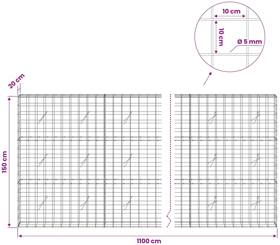 Gabionas su 5 mm viela ir 10x10 cm tinkleliu 1100x20x150 cm