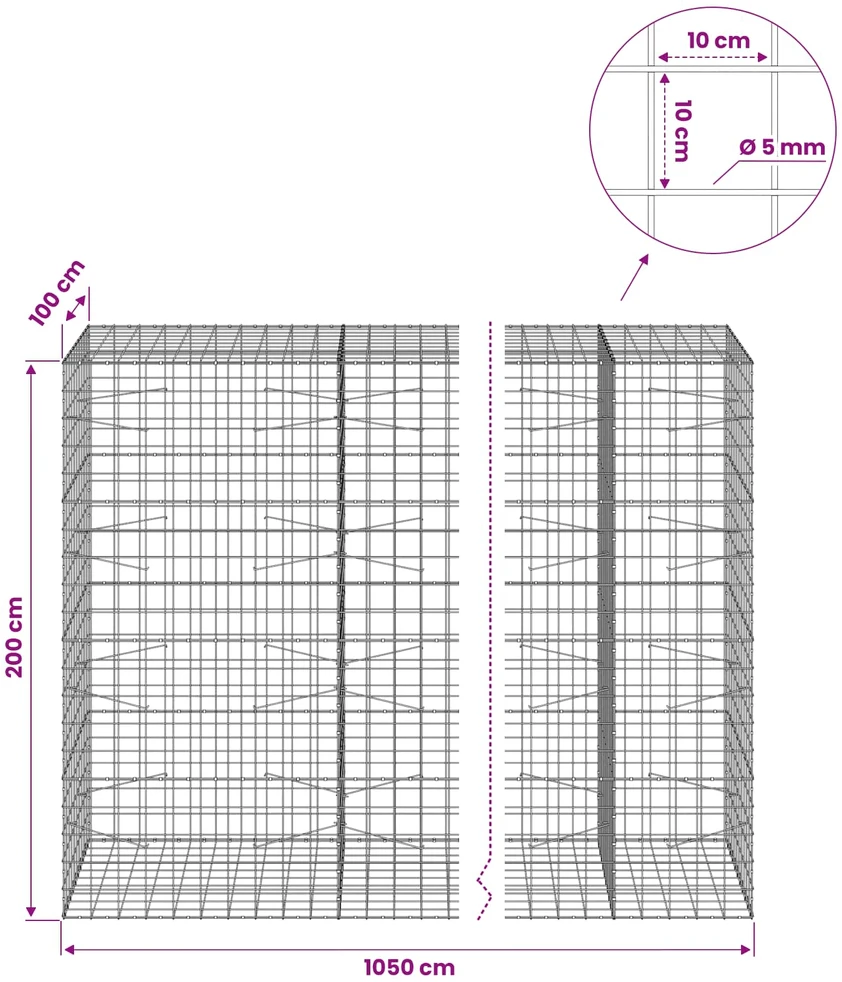 Gabionas su 5 mm viela ir 10x10 cm tinkleliu 1050x100x200 cm