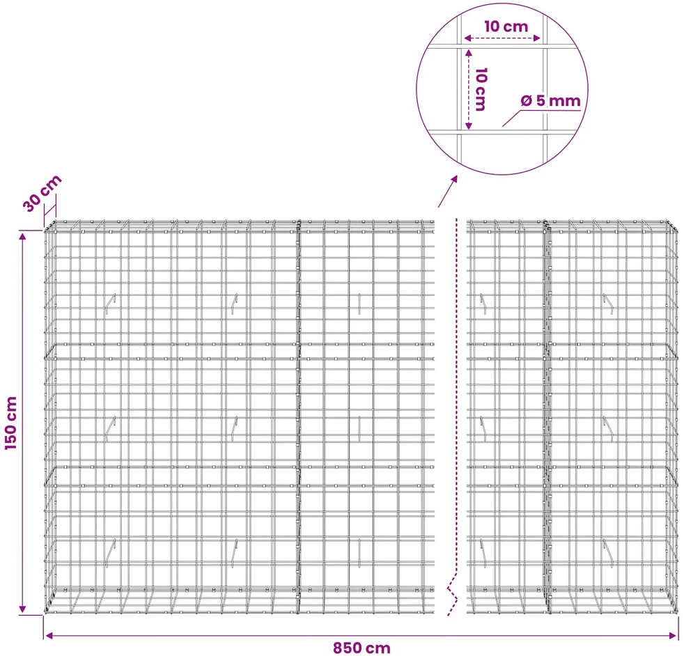 Gabionas su 5 mm viela ir 10x10 cm tinkleliu 850x30x150 cm