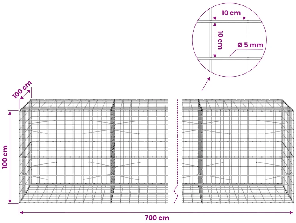 Gabionas su 5 mm viela ir 10x10 cm tinkleliu 700x100x100 cm