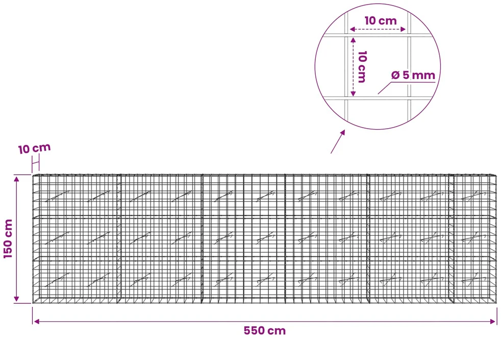 Gabionas su 5 mm viela ir 10x10 cm tinkleliu 550x10x150 cm