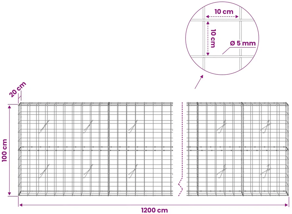 Gabionas su 5 mm viela ir 10x10 cm tinkleliu 1200x20x100 cm