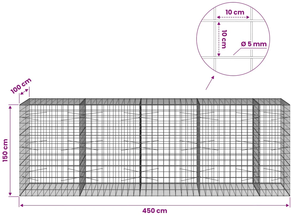 Gabionas su 5 mm viela ir 10x10 cm tinkleliu 450x100x150 cm