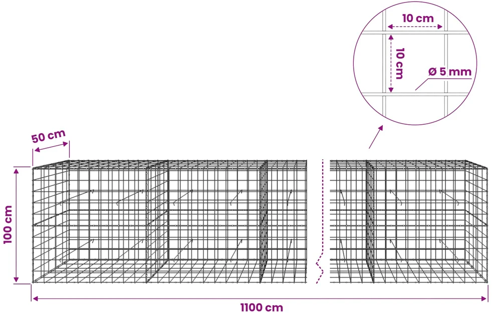 Gabionas su 5 mm viela ir 10x10 cm tinkleliu 1100x50x100 cm