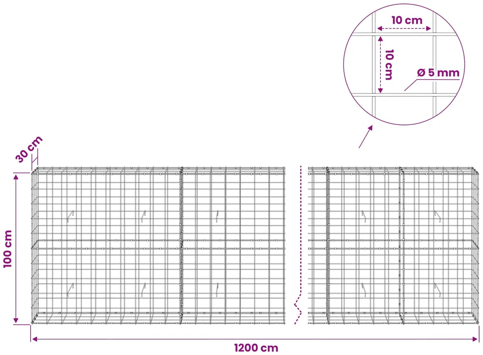 Gabionas su 5 mm viela ir 10x10 cm tinkleliu 1200x30x100 cm