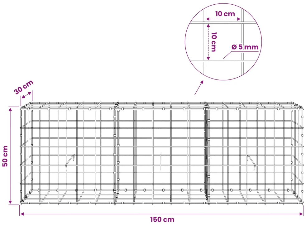 Gabionas su 5 mm viela ir 10x10 cm tinkleliu 150x30x50 cm