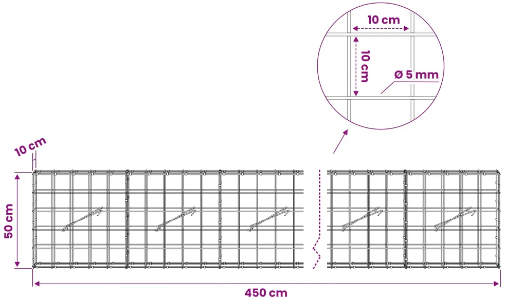 Gabionas su 5 mm viela ir 10x10 cm tinkleliu 450x10x50 cm