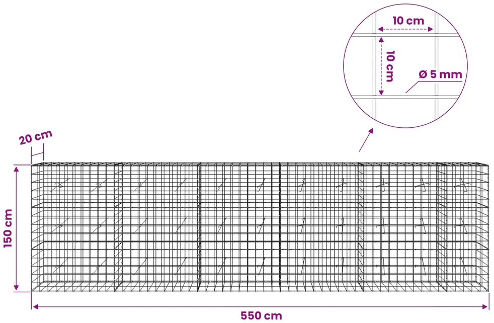 Gabionas su 5 mm viela ir 10x10 cm tinkleliu 550x20x150 cm